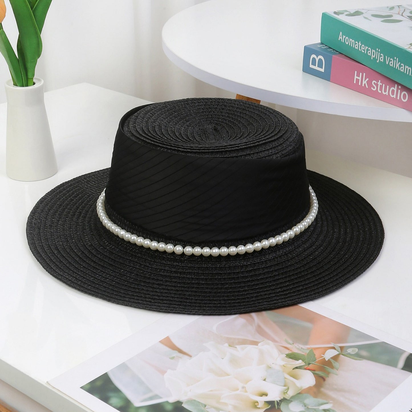 Straw Boater Hat with Flat Brim Structured Crown Pearl Ribbon Band Detail