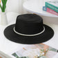 Straw Boater Hat with Flat Brim Structured Crown Pearl Ribbon Band Detail