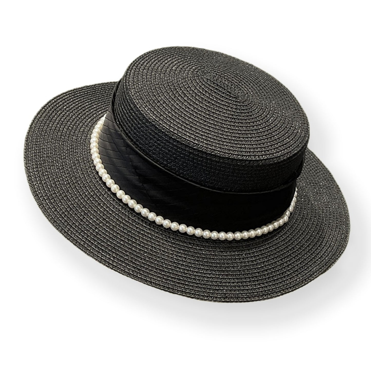 Straw Boater Hat with Flat Brim Structured Crown Pearl Ribbon Band Detail