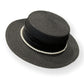 Straw Boater Hat with Flat Brim Structured Crown Pearl Ribbon Band Detail