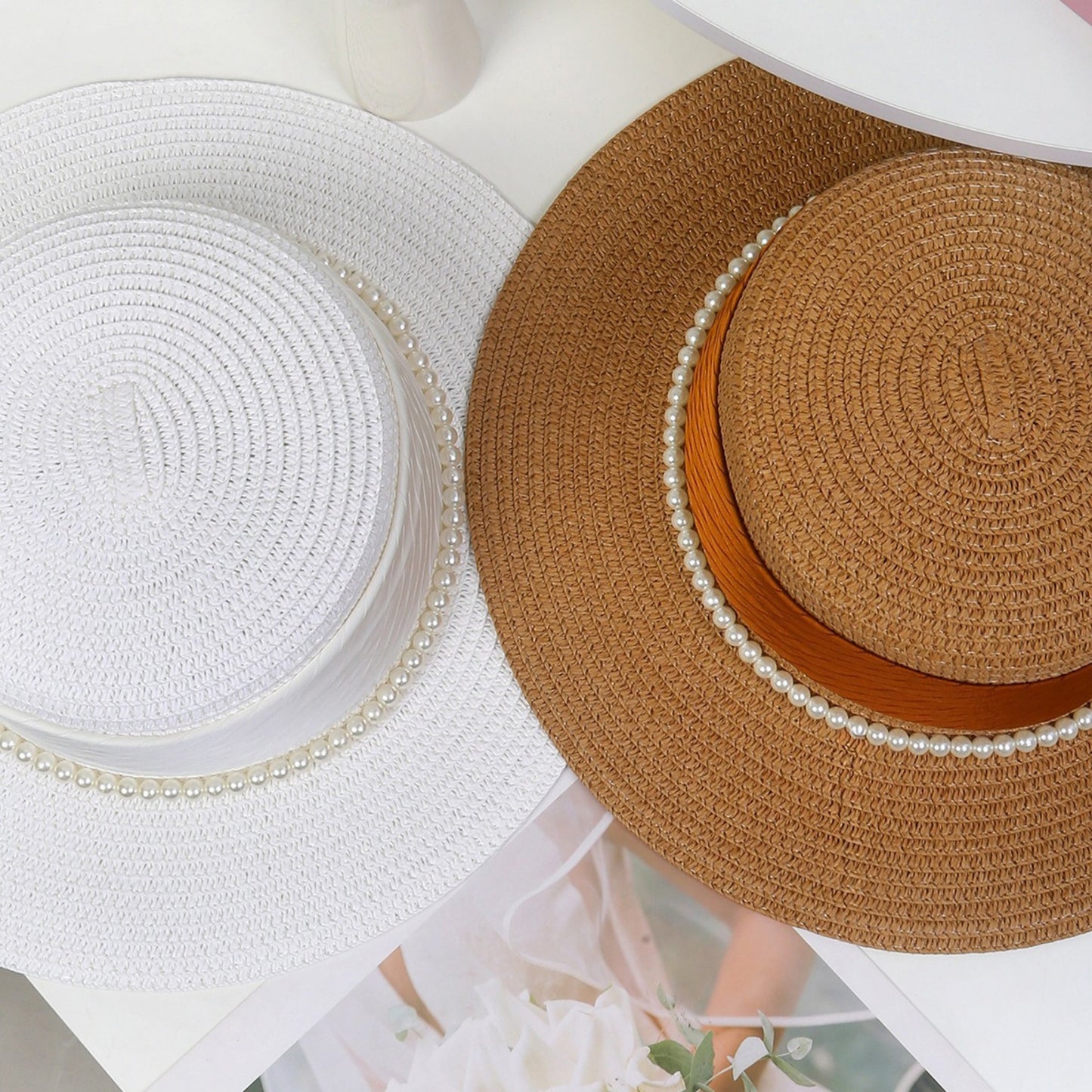 Straw Boater Hat with Flat Brim Structured Crown Pearl Ribbon Band Detail