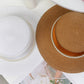 Straw Boater Hat with Flat Brim Structured Crown Pearl Ribbon Band Detail