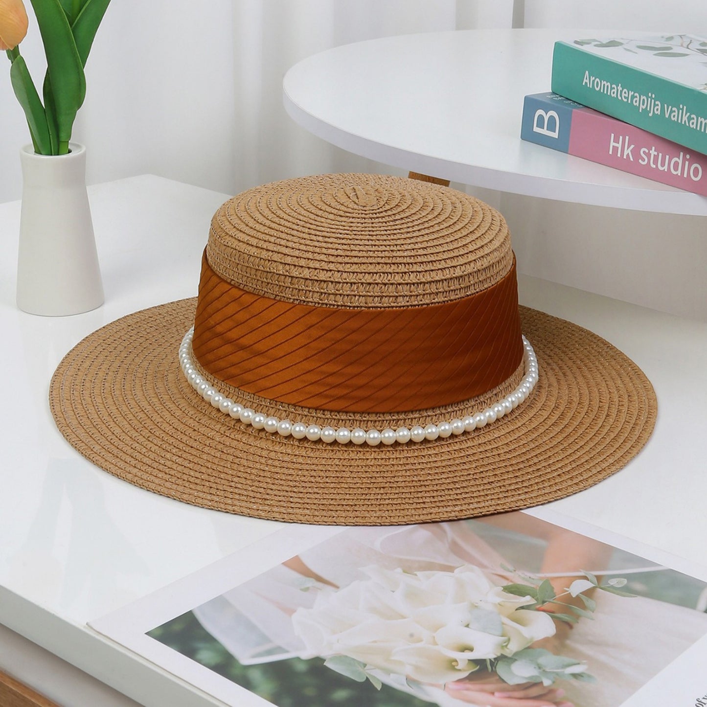 Straw Boater Hat with Flat Brim Structured Crown Pearl Ribbon Band Detail