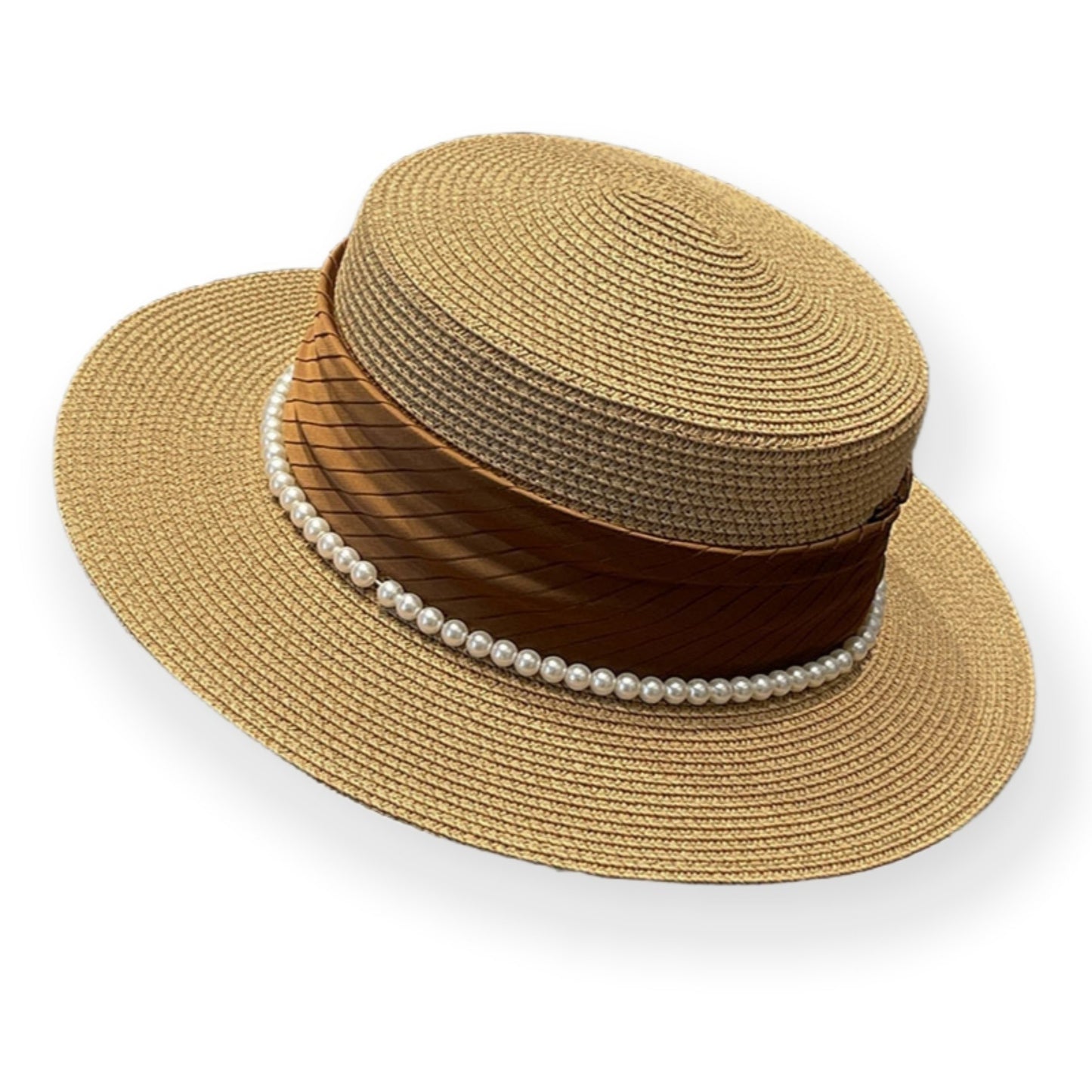 Straw Boater Hat with Flat Brim Structured Crown Pearl Ribbon Band Detail