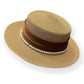Straw Boater Hat with Flat Brim Structured Crown Pearl Ribbon Band Detail