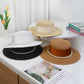 Straw Boater Hat with Flat Brim Structured Crown Pearl Ribbon Band Detail