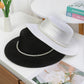 Straw Boater Hat with Flat Brim Structured Crown Pearl Ribbon Band Detail