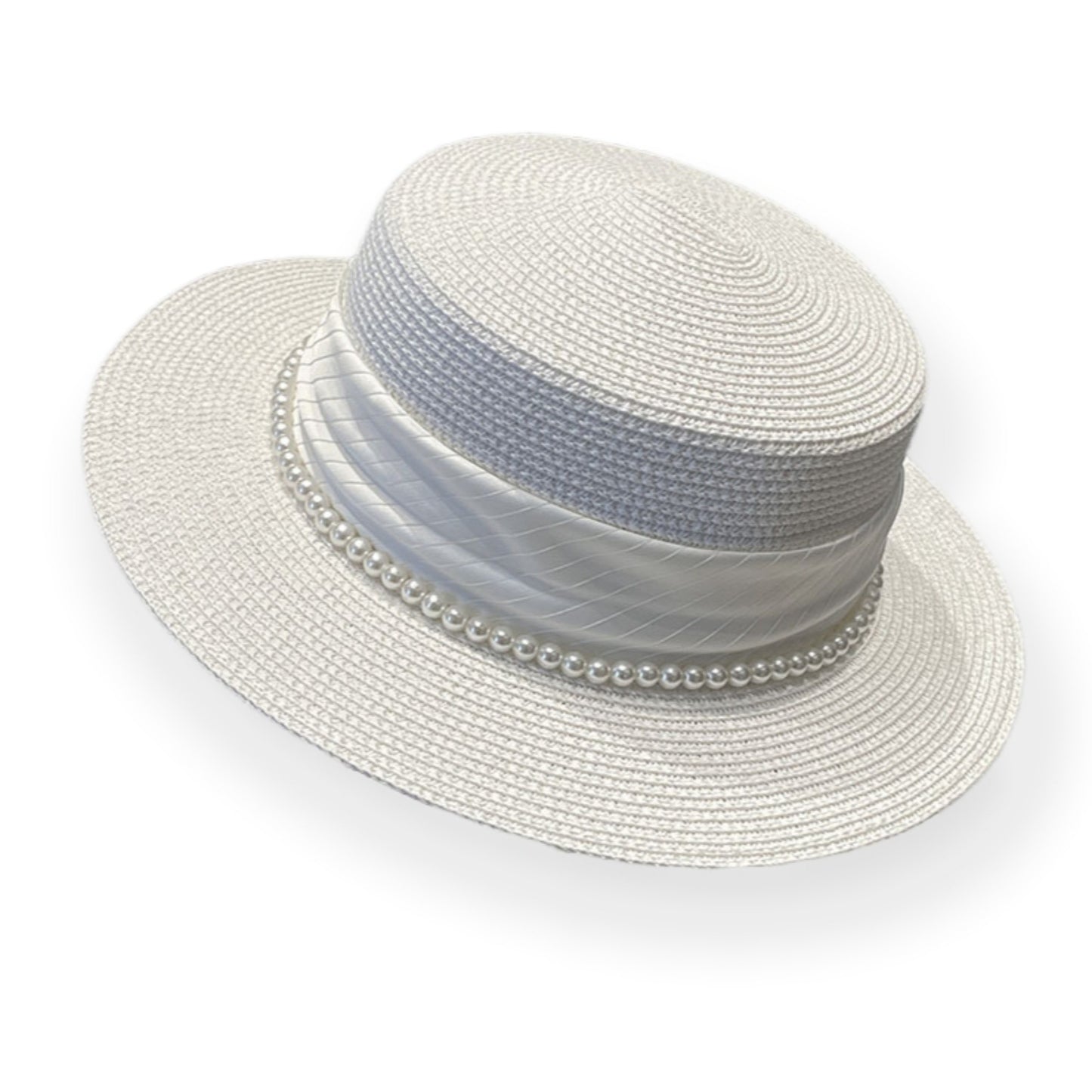 Straw Boater Hat with Flat Brim Structured Crown Pearl Ribbon Band Detail