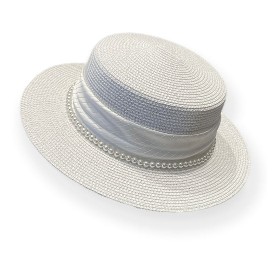 Straw Boater Hat with Flat Brim Structured Crown Pearl Ribbon Band Detail