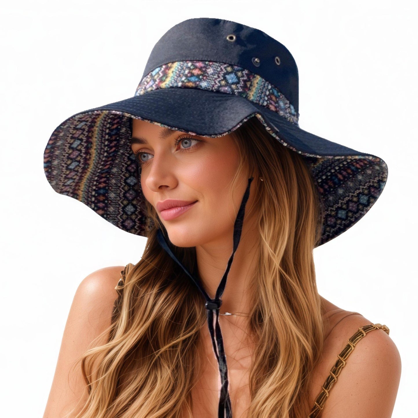 Wide Brim Sun Hat with Adjustable Chin Strap Decorative Band Casual Headwear