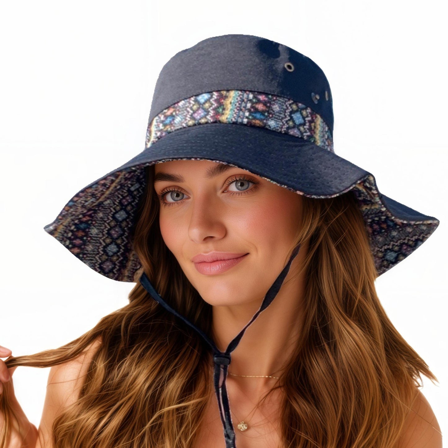 Wide Brim Sun Hat with Adjustable Chin Strap Decorative Band Casual Headwear