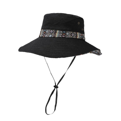 Wide Brim Sun Hat with Adjustable Chin Strap Decorative Band Casual Headwear