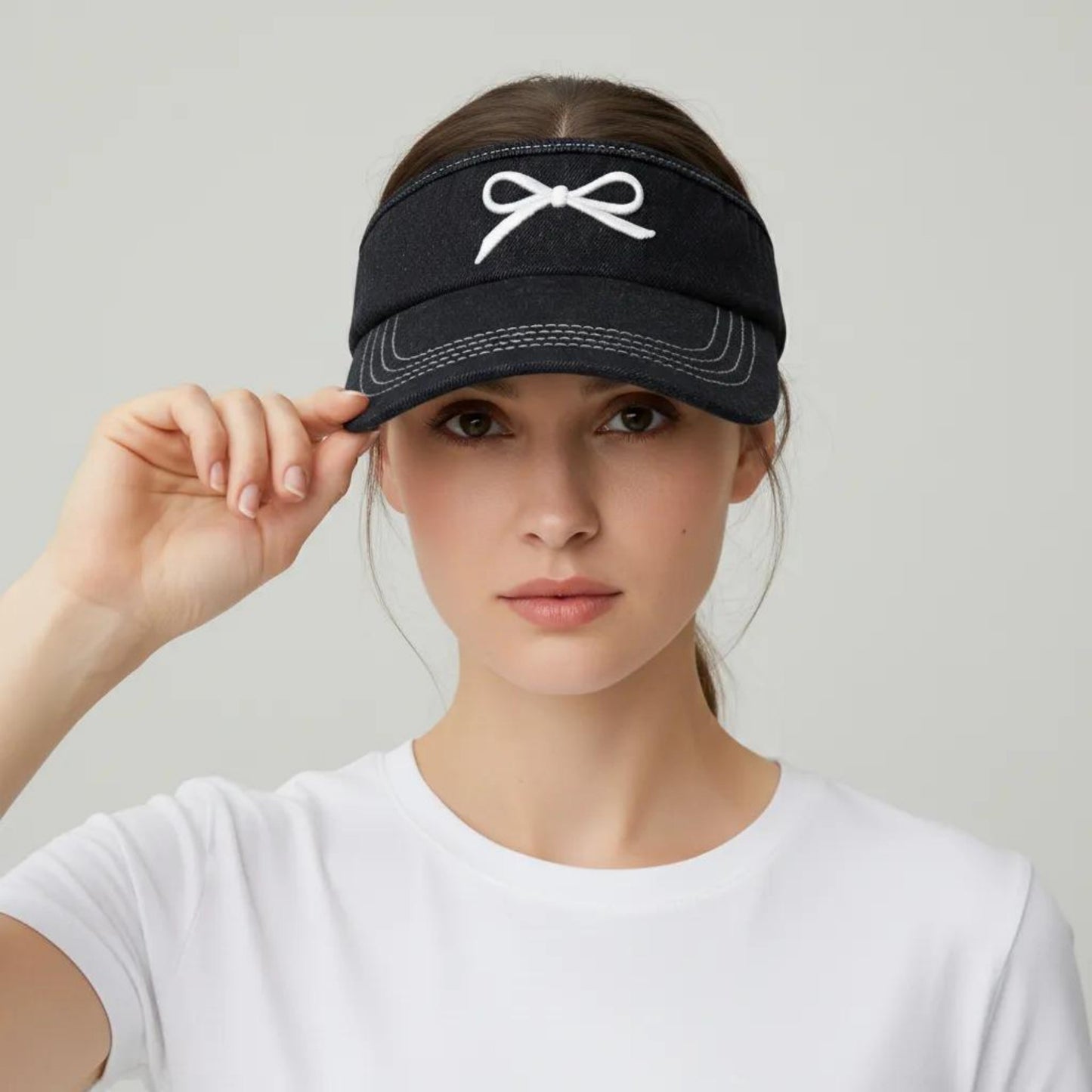 Denim Visor Hat with Curved Brim Adjustable Back Bow Accent Casual Headwear