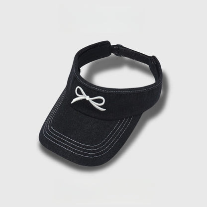 Denim Visor Hat with Curved Brim Adjustable Back Bow Accent Casual Headwear
