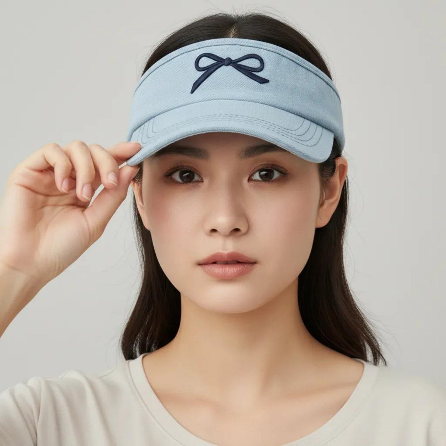 Denim Visor Hat with Curved Brim Adjustable Back Bow Accent Casual Headwear