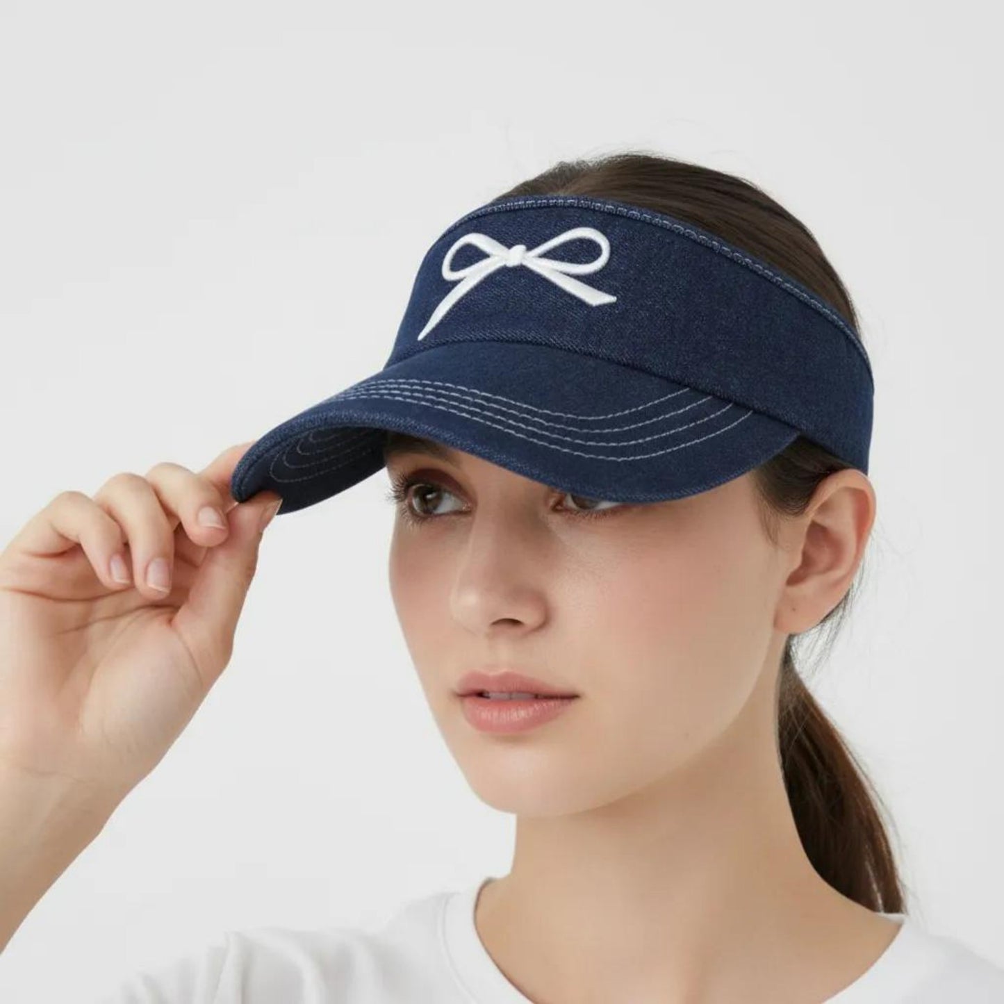 Denim Visor Hat with Curved Brim Adjustable Back Bow Accent Casual Headwear