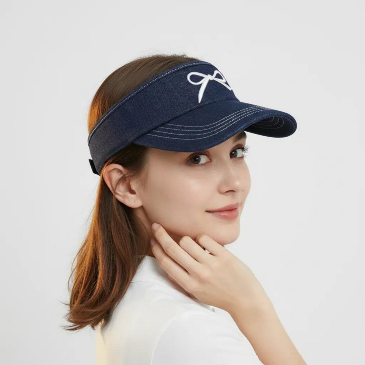 Denim Visor Hat with Curved Brim Adjustable Back Bow Accent Casual Headwear