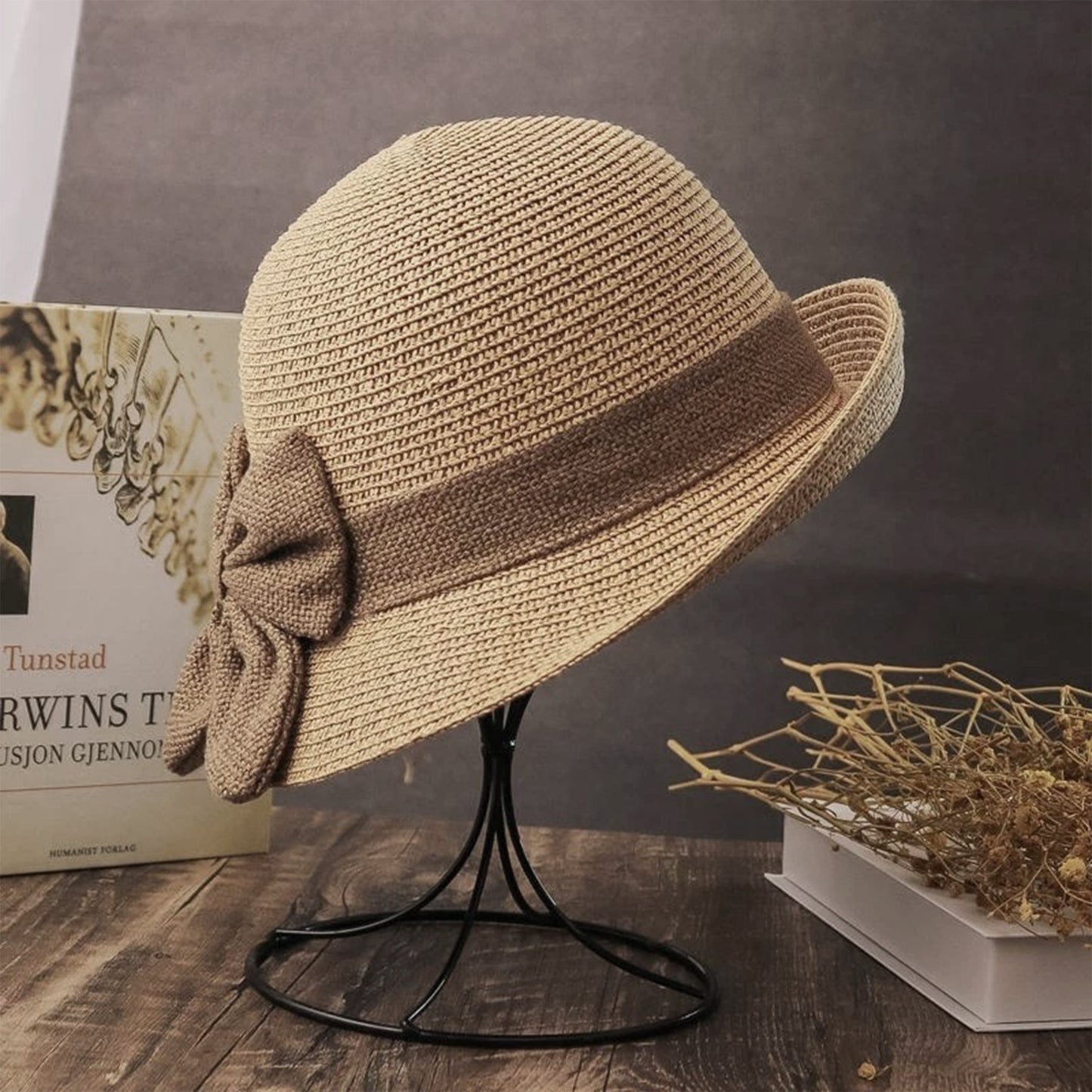 Straw Cloche Sun Hat with Wide Brim and Decorative Bow