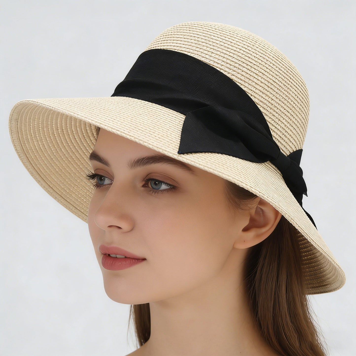 Wide Brim Straw Sun Hat with Ribbon Bow Lightweight Packable Design
