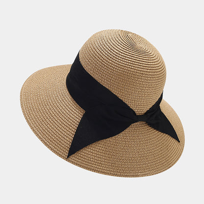 Wide Brim Straw Sun Hat with Ribbon Bow Lightweight Packable Design