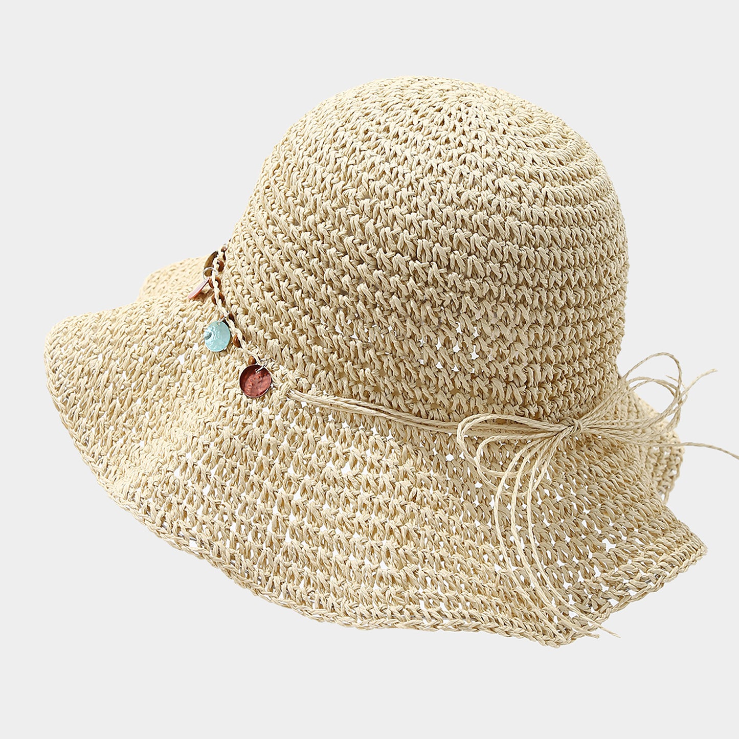 Woven Straw Sun Hat with Beaded Band and Floppy Brim