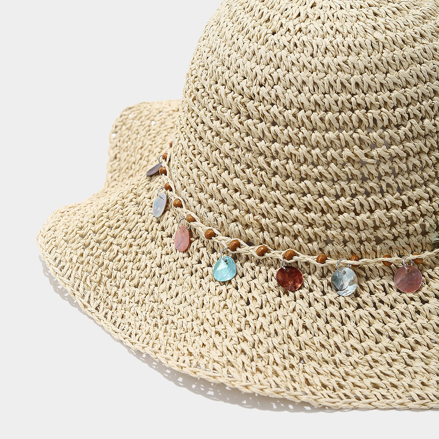 Woven Straw Sun Hat with Beaded Band and Floppy Brim