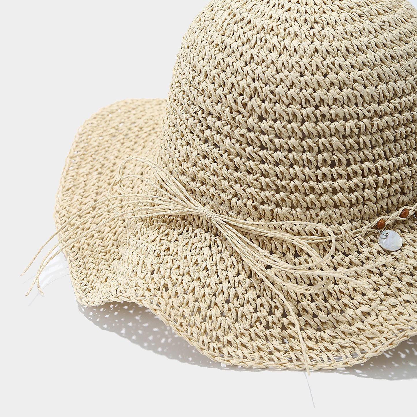 Woven Straw Sun Hat with Beaded Band and Floppy Brim