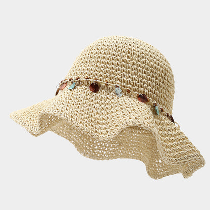 Woven Straw Sun Hat with Beaded Band and Floppy Brim