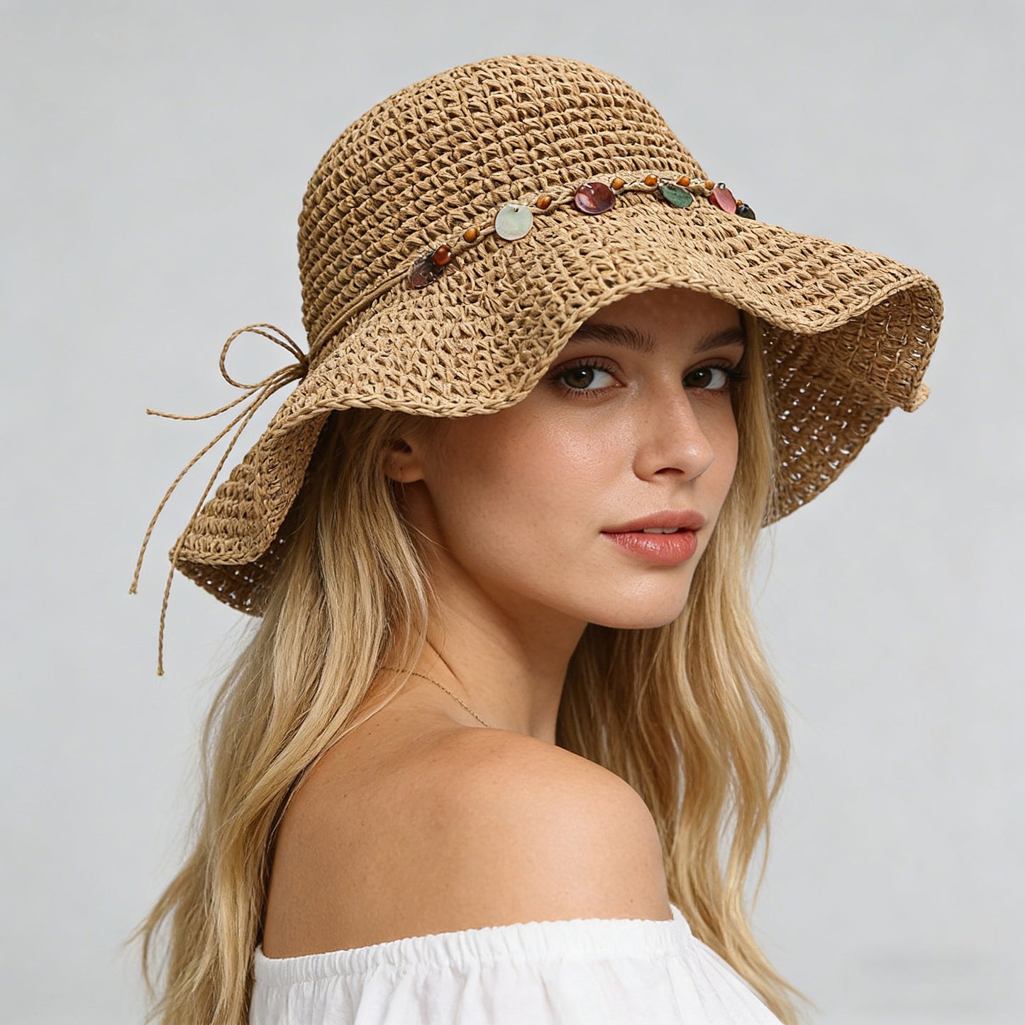 Woven Straw Sun Hat with Beaded Band and Floppy Brim