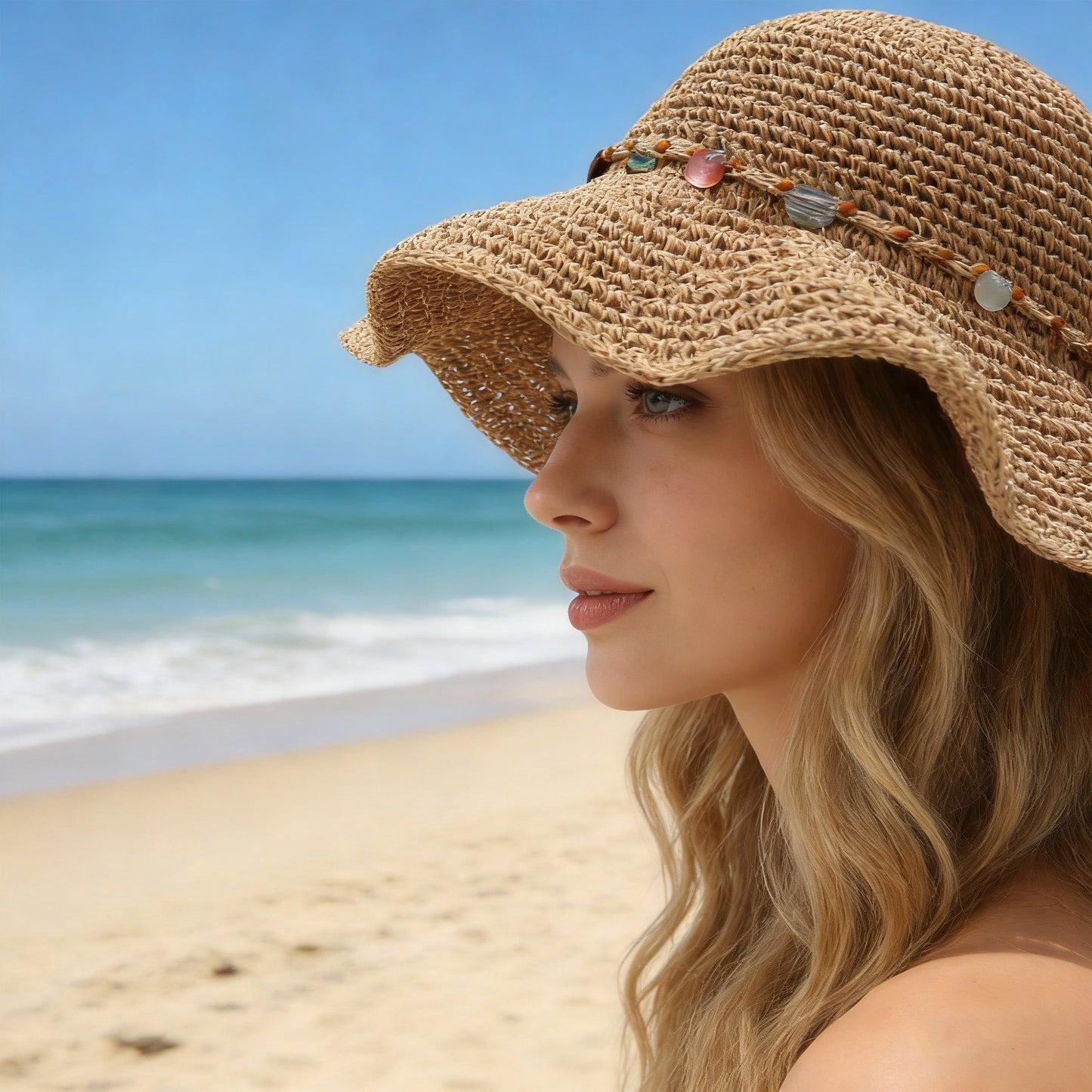Woven Straw Sun Hat with Beaded Band and Floppy Brim