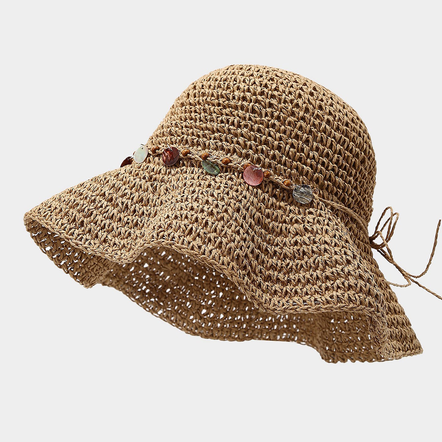 Woven Straw Sun Hat with Beaded Band and Floppy Brim