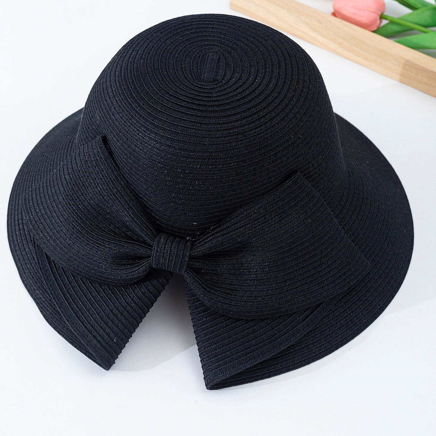 Wide Brim Straw Sun Hat with Oversized Bow Detail and Adjustable Inner Band