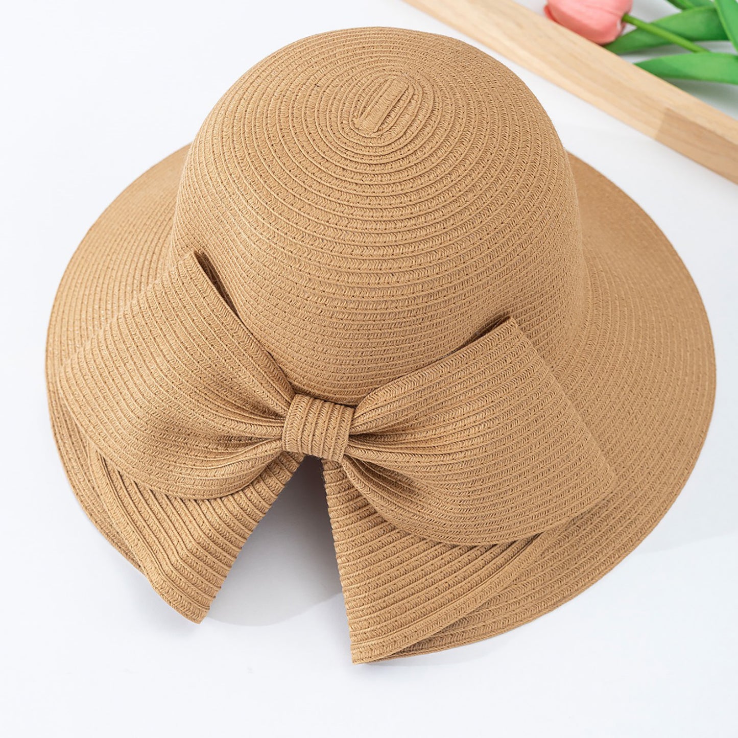 Wide Brim Straw Sun Hat with Oversized Bow Detail and Adjustable Inner Band
