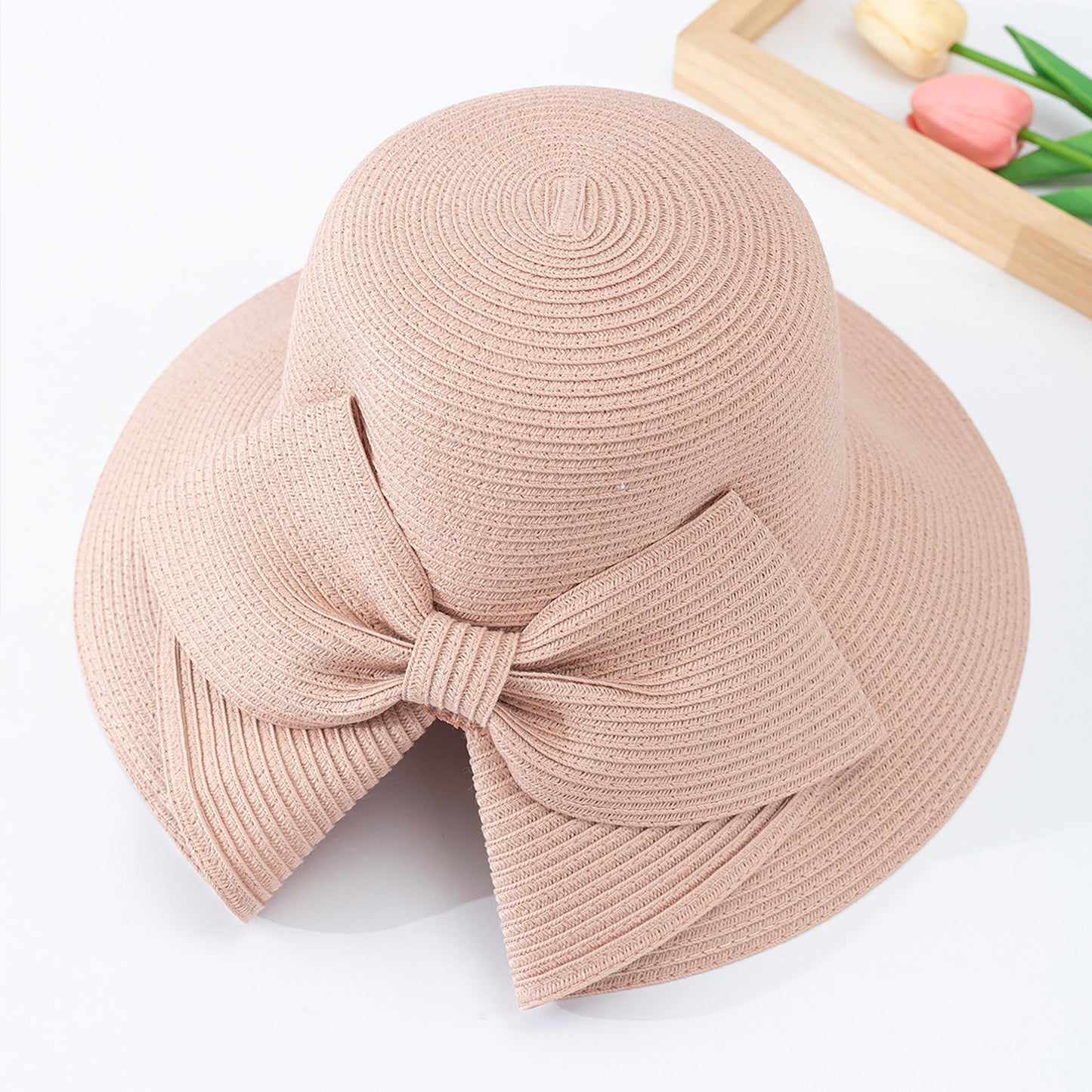Wide Brim Straw Sun Hat with Oversized Bow Detail and Adjustable Inner Band