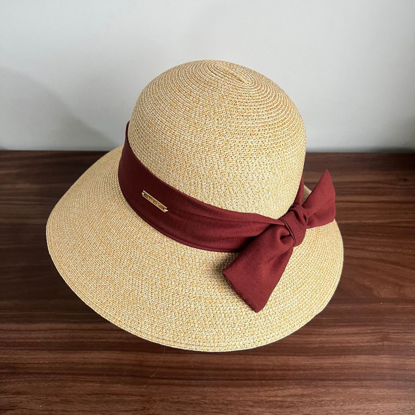 Straw Sun Hat with Fabric Bow Detail Lightweight Summer Hat