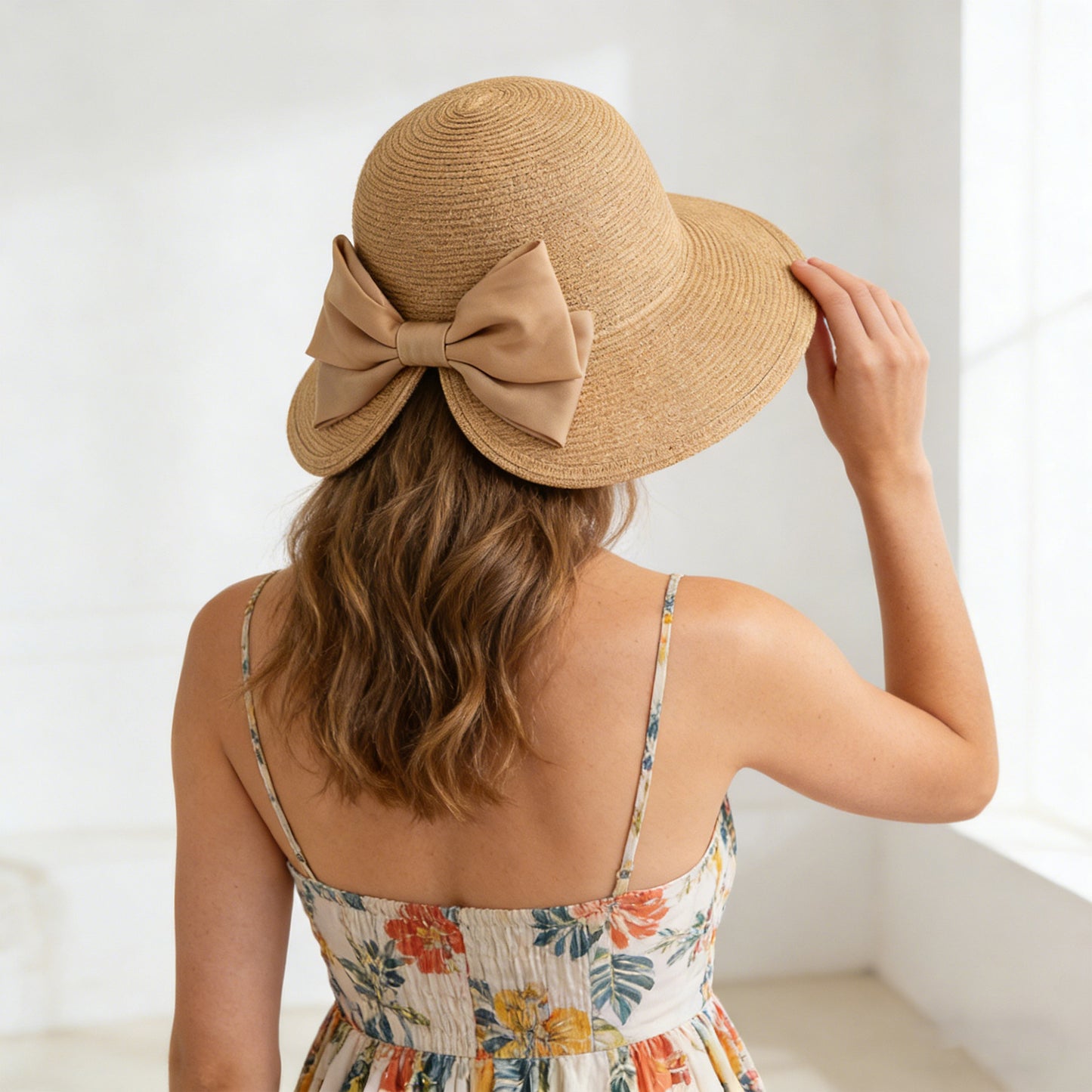 Elegant Straw Sun Hat with Soft Bow Detail