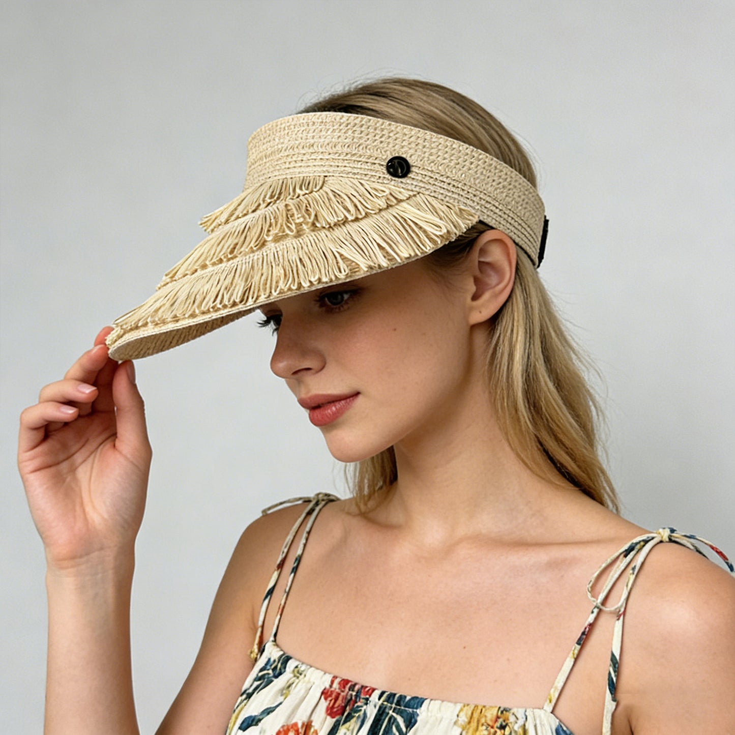 Wide Brim Straw Fringe Sun Visor with Adjustable Elastic Back