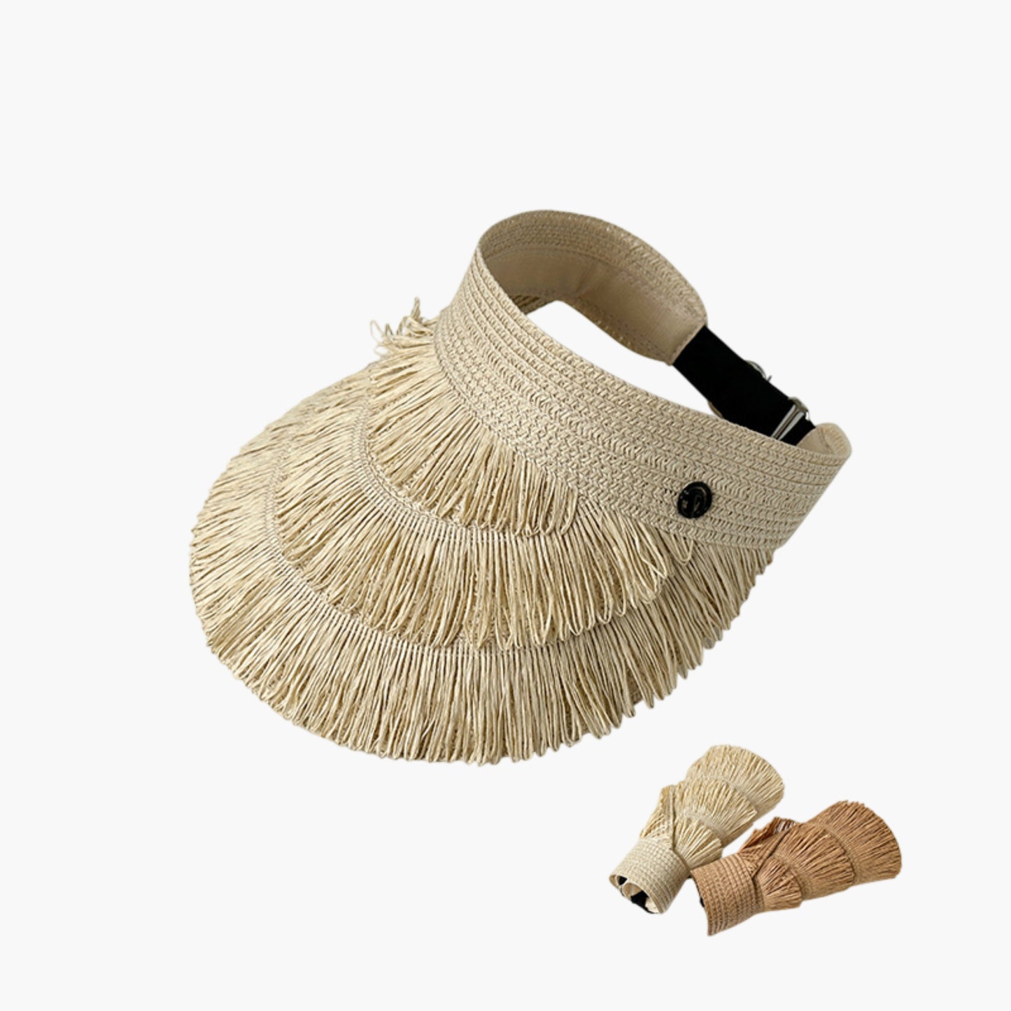 Wide Brim Straw Fringe Sun Visor with Adjustable Elastic Back