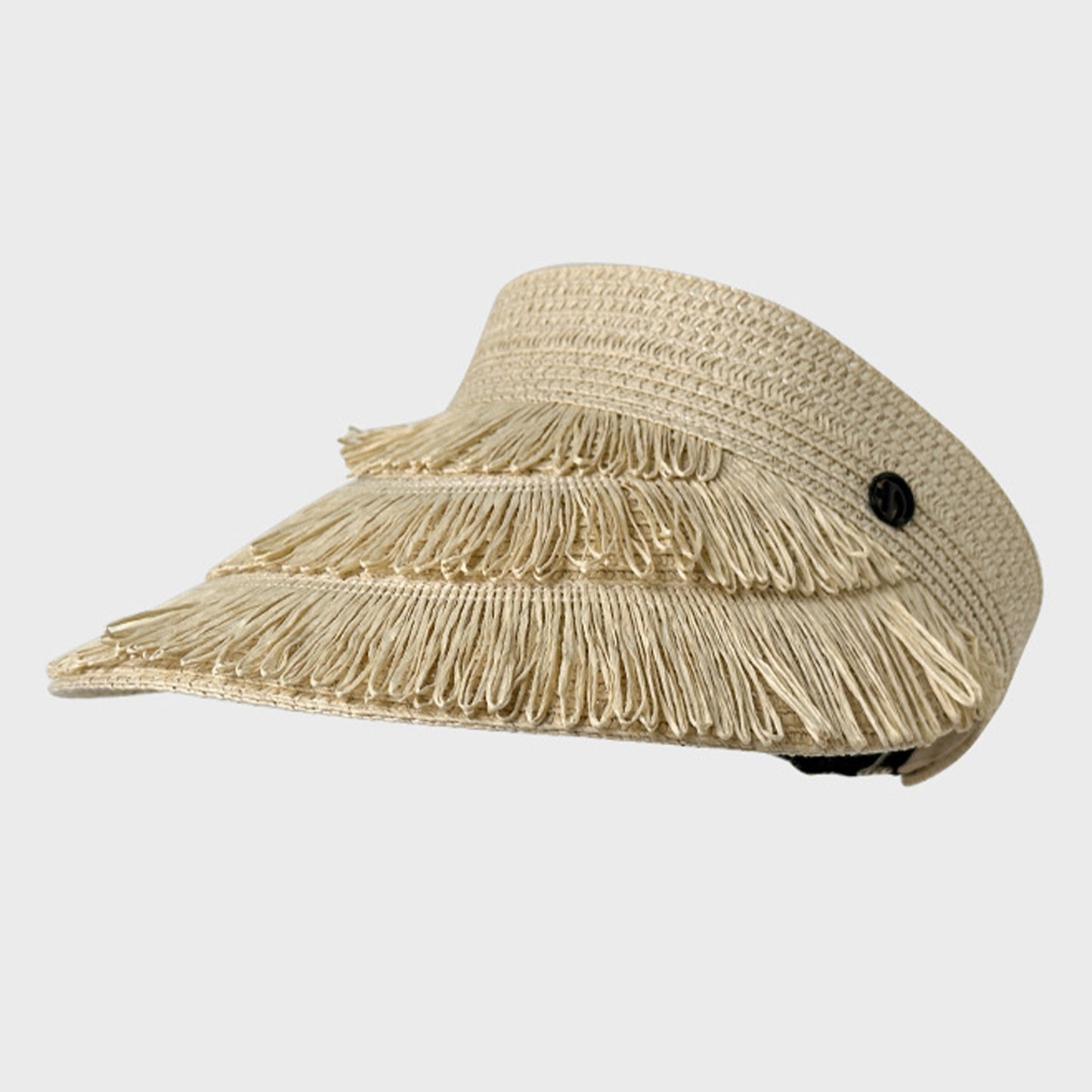 Wide Brim Straw Fringe Sun Visor with Adjustable Elastic Back