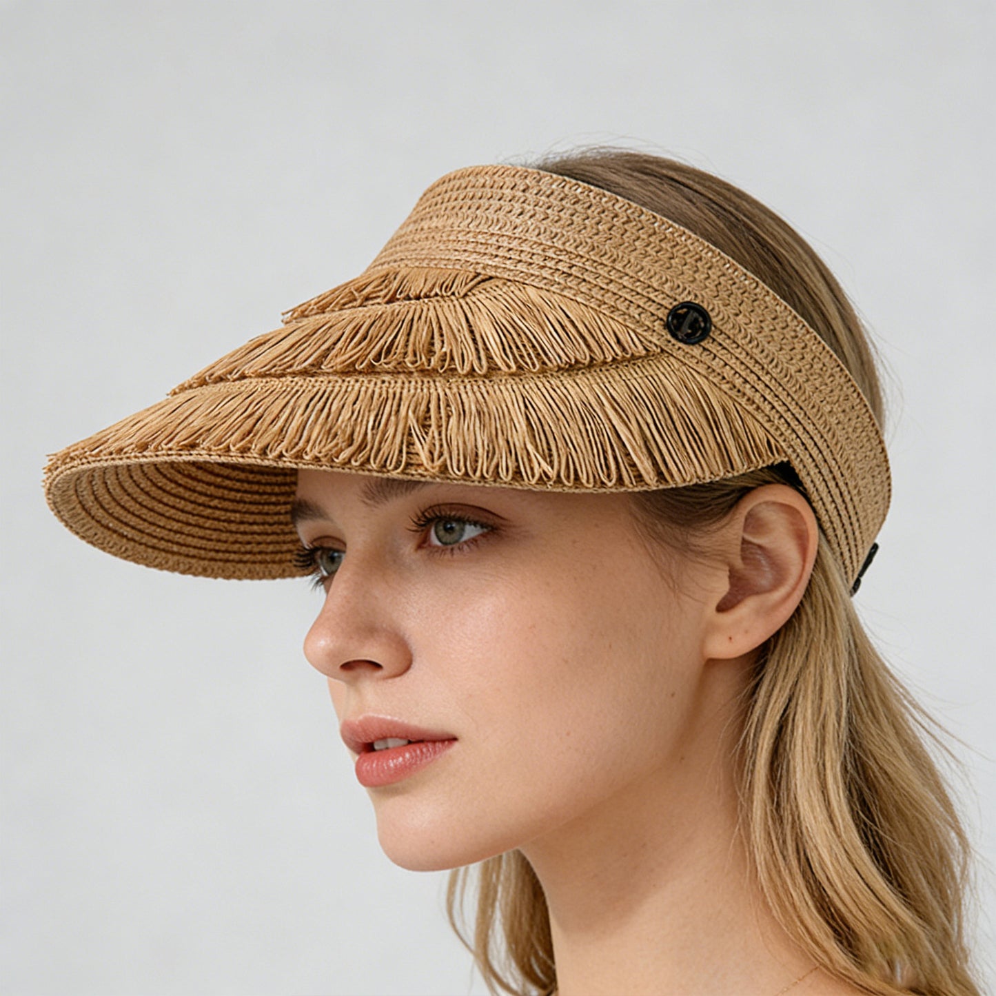 Wide Brim Straw Fringe Sun Visor with Adjustable Elastic Back