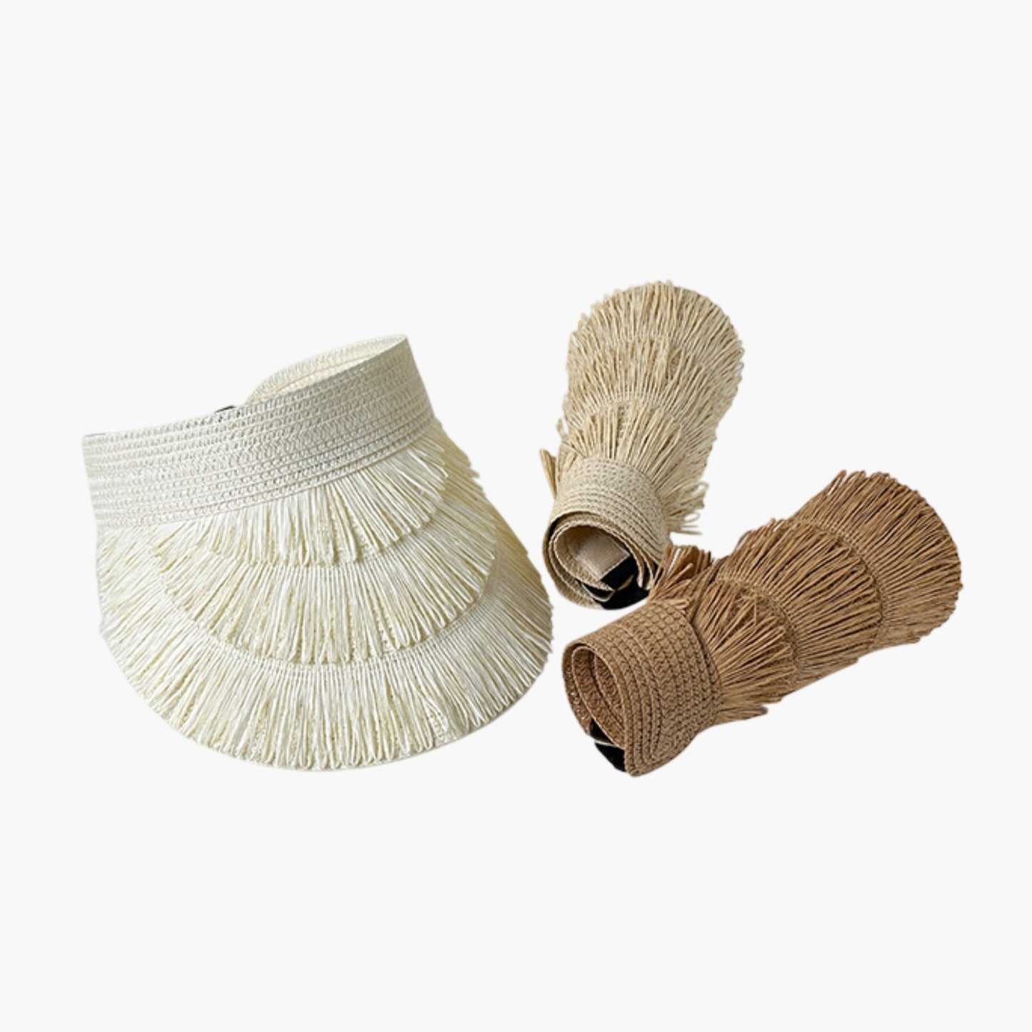 Wide Brim Straw Fringe Sun Visor with Adjustable Elastic Back