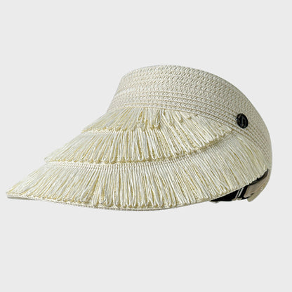 Wide Brim Straw Fringe Sun Visor with Adjustable Elastic Back
