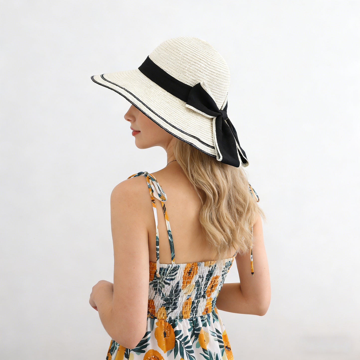 Straw Sun Hat with Bow Detail Lightweight Breathable Summer Beach Hat