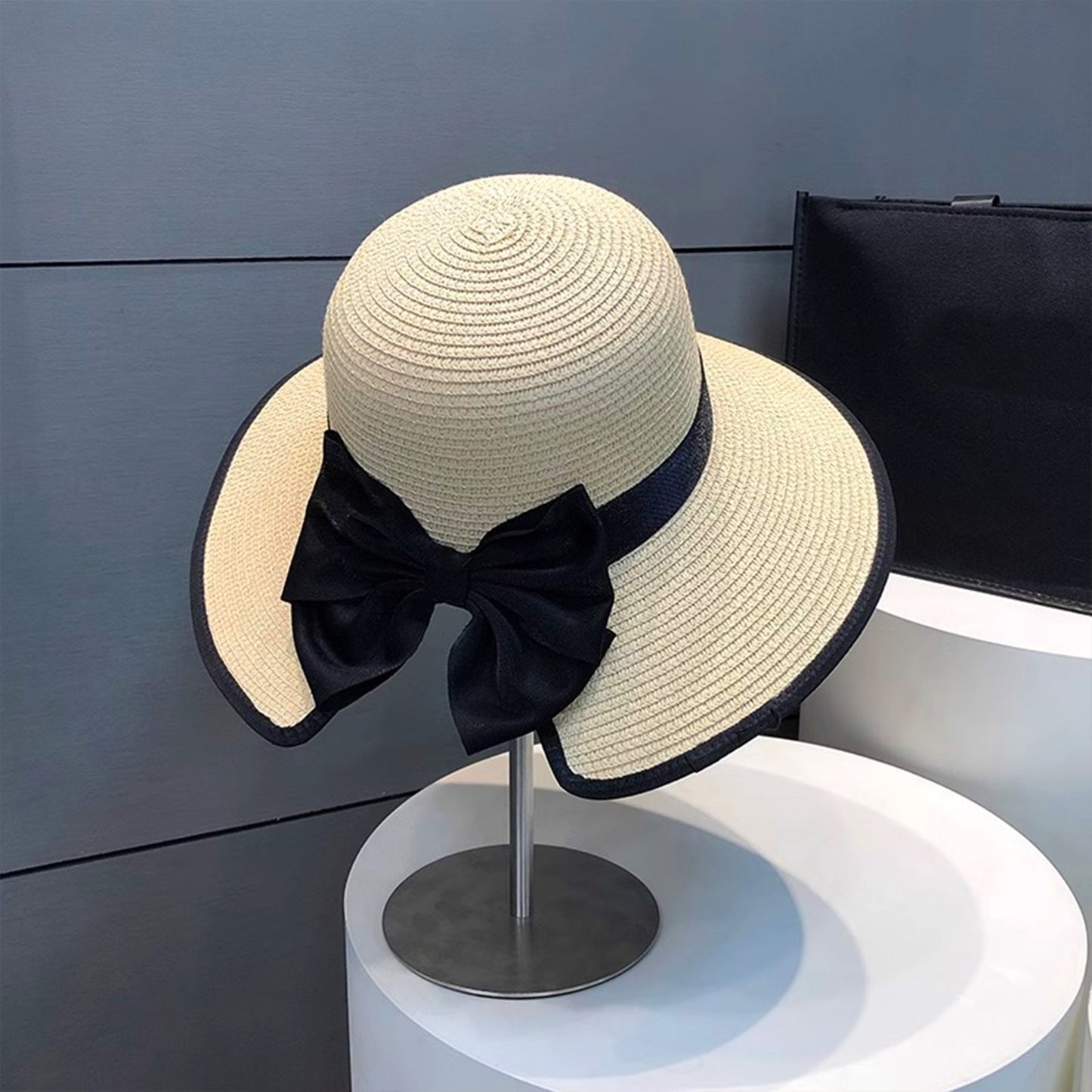 Wide Brim Straw Sun Hat with Bow Detail Summer Protection