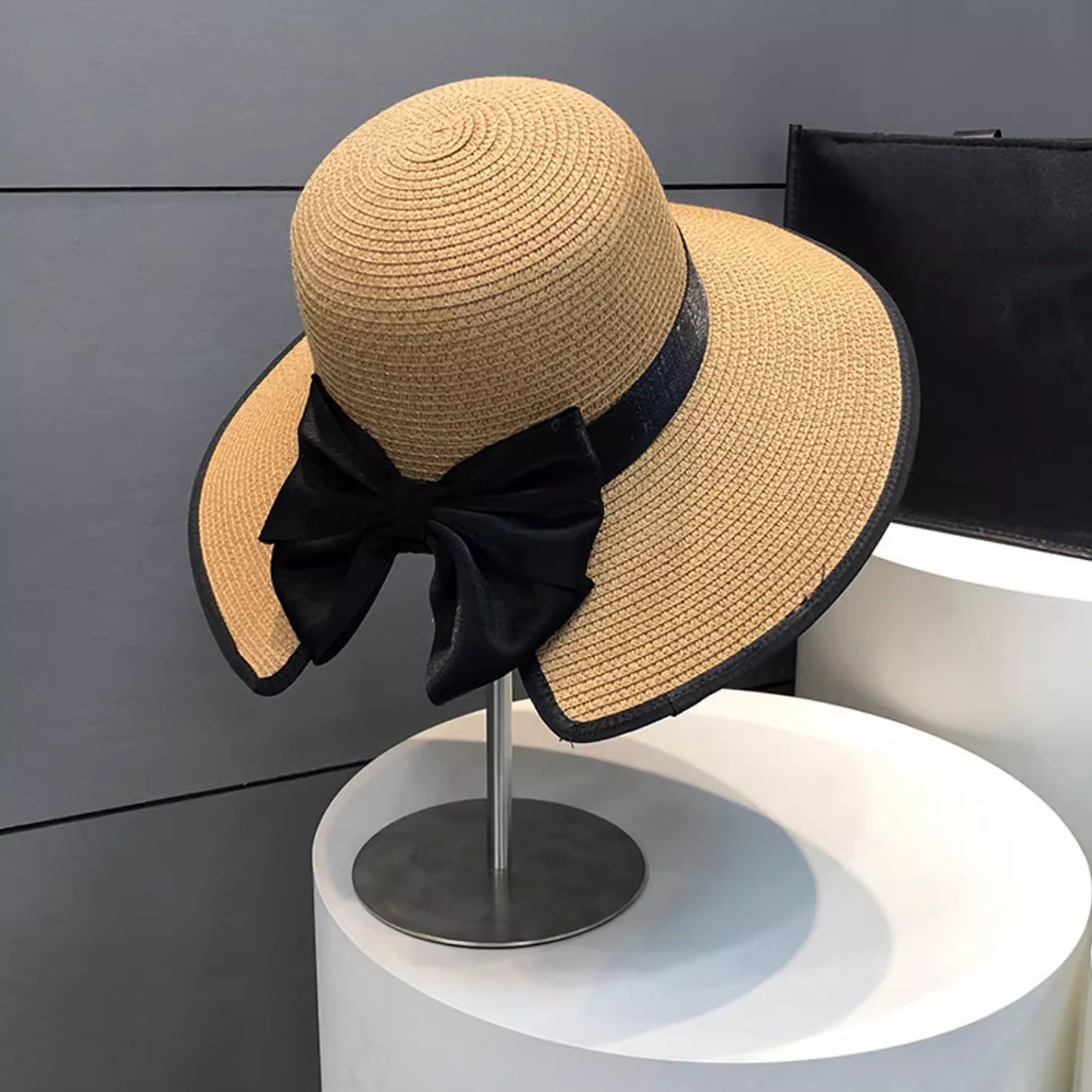Wide Brim Straw Sun Hat with Bow Detail Summer Protection