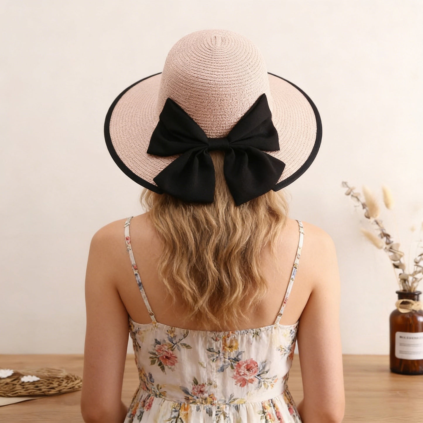 Wide Brim Straw Sun Hat with Bow Detail Summer Protection