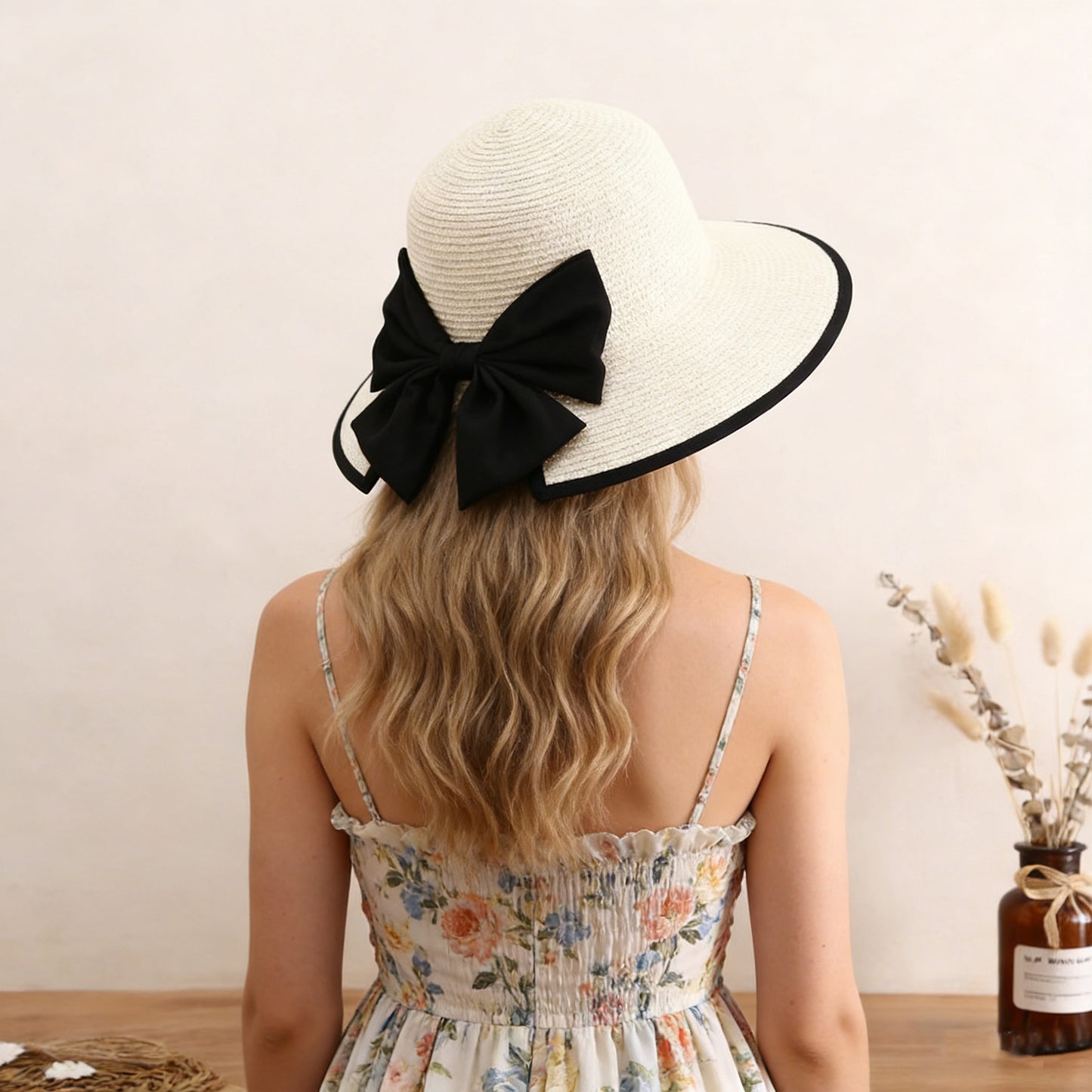 Wide Brim Straw Sun Hat with Bow Detail Summer Protection