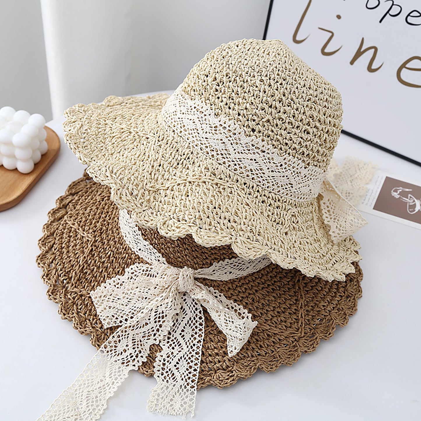 Wide Brim Crochet Straw Sun Hat with Lace Bow Adjustable Fit