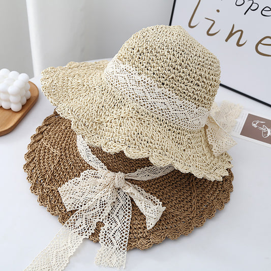 Wide Brim Crochet Straw Sun Hat with Lace Bow Adjustable Fit