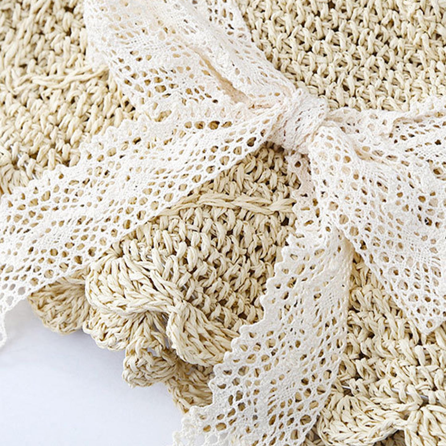 Wide Brim Crochet Straw Sun Hat with Lace Bow Adjustable Fit